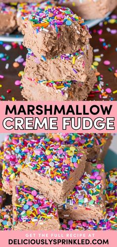 Try this marshmallow creme fudge recipe! It's an easy-to-make sweet treat that's fail-proof. Full of creamy chocolate goodness that melts in your mouth and topped with sprinkles, this homemade fudge is a simple dessert everyone will love! Marshmallow Creme Fudge, Marshmallow Cream Fudge, Fudge With Marshmallow Cream, Marshmallow Fudge Recipe, Fantasy Fudge, Marshmallow Fudge, Fudge Dessert