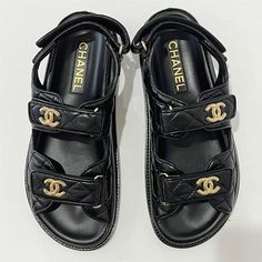 Chanel Dad Sandals - Black - Size 37.5c Brand New In Box With Dust Bags & Shoe Box Chanel Sandals Heels, Chanel Duffle Bag, Chanel Sandals Outfit, Channel Sandals, Platform Sandal Outfit, Chanel Dad Sandals, Chanel Shoes Sandals, Channel Shoes, Bling Car