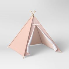 a pink teepee with white trim on the front and back sides, sitting against a gray background