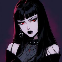 an anime character with red eyes and black hair, wearing gothic garb while looking at the camera