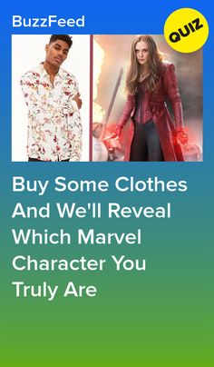 two people are standing next to each other with text that reads buy some clothes and we'll reveal which marvel character you truly are