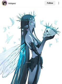 a drawing of a woman with blue hair holding a skull and butterfly wings in her hand