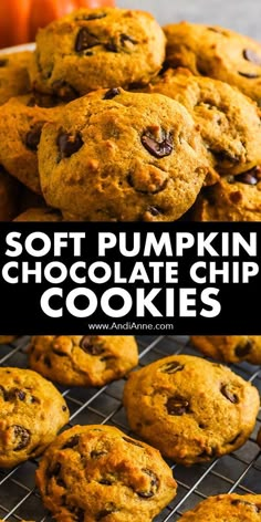 soft pumpkin chocolate chip cookies on a cooling rack with text overlay that reads soft pumpkin chocolate chip cookies