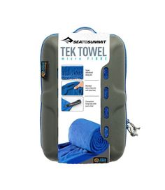 the sea to summit tek towel is shown in grey and has blue trimmings