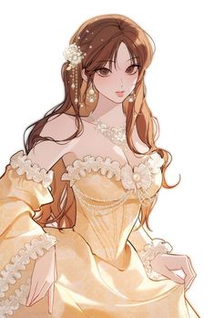 a woman in a yellow dress with pearls on her head and long brown hair, dressed in