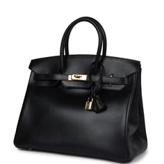 This vintage Birkin in Black box calf leather with gold hardware has tonal stitching, front flap with two straps, front toggle closure, clochette with lock and two keys, and double rolled handles The interior is lined with Black chevre and features one zip pocket with an Hermes engraved pull.Collection: F SquareOrigin: FranceCondition: Vintage; Excellent - The bags leather is slightly wavy on the top front near handles. There's partial plastic on hardware but there's light visible scratches to e Hermes Birkin Bag, Black Birkin Bag, Birken Bag, Vintage Hermes Bag, Hermes Birkin 35, Vintage Hermes, Luxury Purses, Hermes Bag, Iconic Bags