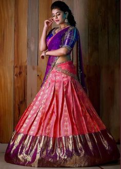 Pink Half Sarees, South Indian Bride Saree, Half Saree Function, Lehenga Saree Design, Bridal Lehenga Designs, Bridal Sarees South Indian, Half Saree Lehenga, Pattu Saree Blouse Designs, Lehnga Dress