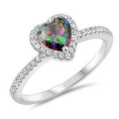 High Quality Sterling Silver Rainbow Topaz Heart & CZ Ring With Free EngravingPrepare to dazzle and shine with this Personalized Sterling Silver Rainbow Topaz Heart & CZ Ring. This dainty ring is fashioned from sterling silver and accentuated with tiny cubic zirconia studs set in pave along the shank. The main stone is a vibrant heart-shaped cubic zirconia which is surrounded by a halo of clear CZ studs. The ring dazzles magically every time light strikes its surface. This lovely piece will defi Heart Halo Ring, Friendship Anniversary, Rainbow Topaz, Sterling Silver Promise Rings, Silver Heart Ring, Fine Ring, Heart Shaped Rings, Ring Ideas, Silver Plated Jewelry