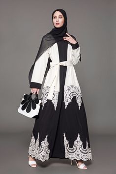 Black White Patchwork Abaya Muslim dress, Muslim fashion, Islamic fashion Saudi Hijab, Arabic Hijab, Muslim Gown, Ramadan Hijab, Women Template, Muslim Women Clothing, Fashion Abaya, Latina Outfit, Muslim Dresses