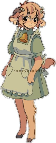 a drawing of a girl in a green dress with an apple on her head and hands behind her back