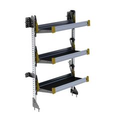 three shelves with metal brackets on each side and two yellow pegs in the middle