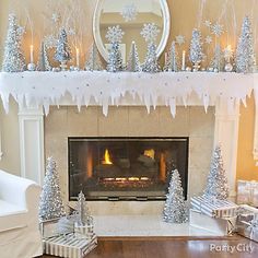 a living room decorated for christmas with white and silver decorations on the fireplace mantel