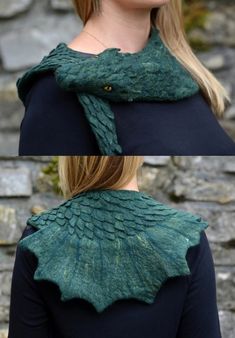 a woman wearing a green knitted shawl with leaves on the back and sides