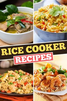 rice cooker recipes collage with images of different foods in bowls and on plates