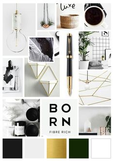 a collage of photos with different items and colors in them, including black, white, gold, and green