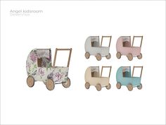 four wooden toy cars with flowers on them and one has a baby carriage in the middle