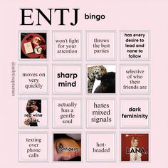 #entj #aesthetic #bingotemplate #bingo #intjwoman #intp #entp #enfp #isfj #mbti #mbtipersonalities Entj Bingo, Entp Bingo, Entj Celebrities, Entj Personality Women, Entp Gf, Entj Enfp