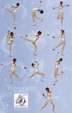 an ice skater poses for the camera in various positions, including hands and feet with their arms spread out