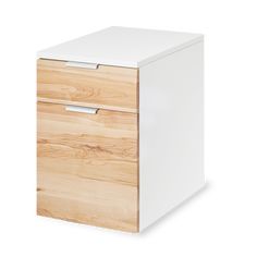 a white and wood filing cabinet with two drawers