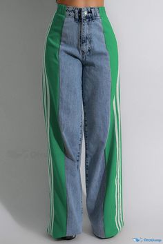 OrcaJump - High-Waisted Loose Denim Jeans with Street-Inspired Color Block Patchwork, Button Details, and Zipper Closure Trousers Women Casual, Striped Pant, Denim Fashion Women, Stretch Denim Pants, Denim Patterns, Pants Style, Pant Style, Straight Leg Trousers, Type Of Pants