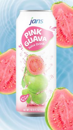 a can of pink guava with watermelon slices around it on a blue background