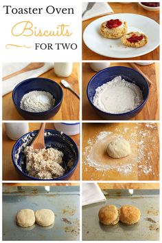 there are several pictures of different pastries in the same pan and on the table