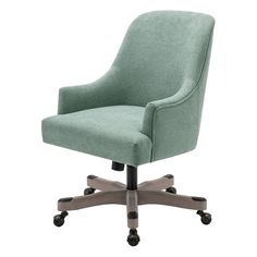 a green office chair with wheels and casteors on an isolated white background, viewed from the front