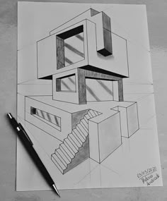 a pencil drawing of a house with stairs