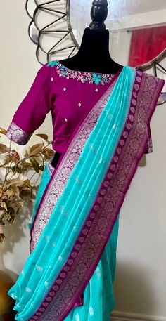 💐💐 Beautiful banarasi saree paired up with pretty maggam work blouse. Blouse sizes can be customized. Multiple pieces available 💐💐 ready to wear blouse fits to 34 to 46 Anarkali Banarasi Silk Blouse With Dupatta, Paithani Silk Blouse Piece With Resham Embroidery, Banarasi Silk Blouse With Resham Embroidery For Puja, Bollywood Style Banarasi Silk Blouse With Dupatta, Designer Wear Katan Silk Blouse With Zari Weaving, Unstitched Paithani Silk Blouse Saree, Traditional Banarasi Silk Blouse With Dupatta, Unstitched Banarasi Silk Anarkali Set With Blouse, Blue Blouse With Dupatta For Puja