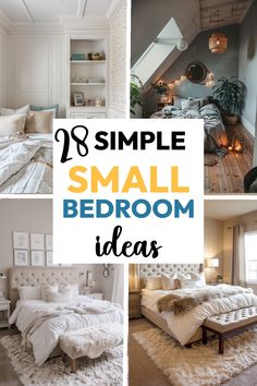 simple small bedroom ideas with white bedding, pillows and rugs on the floor