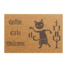 a door mat with an image of a cat and the words, gothic cats welcome