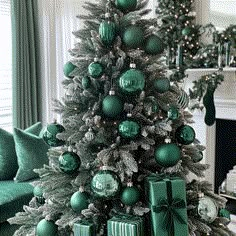 a christmas tree with green and silver ornaments