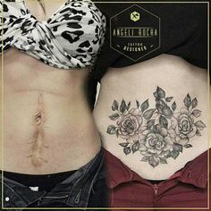 two women with tattoos on their stomachs and one is showing her lower back tattoo