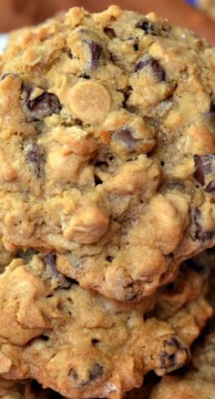 chocolate chip cookies stacked on top of each other