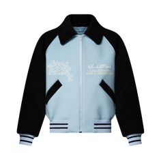 LOUIS VUITTON® - Shearling Wool Varsity Blouson - Light Blue Cotton Jackets Women, Versace Jacket, Shearling Jacket Women, Varsity Jacket Women, Puffer Jacket Men, Biker Jacket Men, Cafe Racer Jacket, Men's Trench Coat, Versace T Shirt