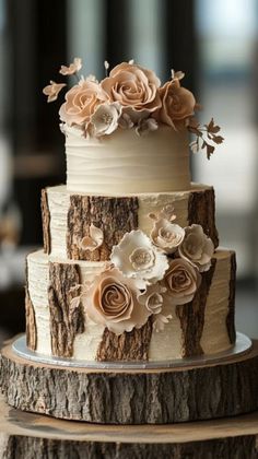 a three tiered wedding cake decorated with flowers and leaves on a tree stump stand