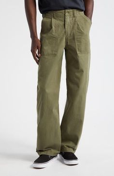 Inspired by military fatigues, these straight-leg pants made from sturdy Japanese twill are designed with dual pleats for a more polished look. 31" inseam; 17" leg opening; 11 1/2" front rise; 16 1/2" back rise (size 30) Zip fly with button closure Front slant pockets; back button-flap patch pockets 100% cotton Machine wash, line dry Made in Portugal Designer Clothing Affordable Men's Khaki Pants, Mens Work Clothes, Ava Outfit, Utility Pants Outfit, Utility Pants Men, Green Linen Pants, Quirky Clothing, Mens Linen Pants, Pants Outfit Men