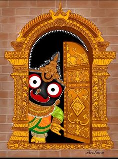 a cartoon character is standing in front of an open door with gold decorations on it