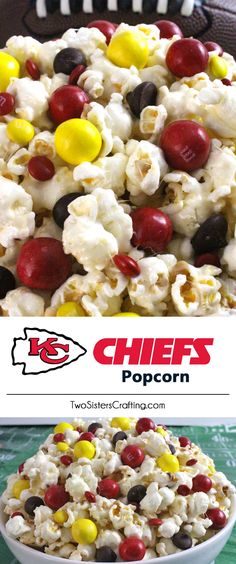 a bowl filled with candy corn popcorn and the words chiefs popcorn above it are two pictures