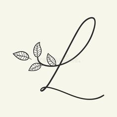 the letter l with leaves on it is drawn in black and white ink royalty illustration