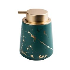 a teal and gold canister on a white background