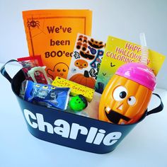 a basket filled with lots of halloween items