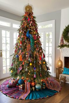 a decorated christmas tree in a living room with bright colors and ornaments on the top