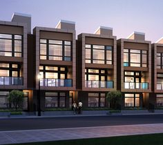 an artist's rendering of the exterior of a three - story apartment building at dusk