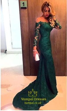 Emerald Green Off The Shoulder Sheer Sleeves Mermaid Lace Prom Dress Sukienki Maksi, Green Evening Gowns, Robes Glamour, Evening Dress Long, Mermaid Prom Dresses Lace, Prom Dresses Long Lace, Cheap Evening Dresses, Chique Outfits, Long Sleeve Prom