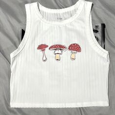 White Mushroom Print Tank Top. Very Cute.L! Brand New. Never Worn. White Mushroom Print Top For Summer, Spring Cotton Tops With Mushroom Print, Spring Cotton Top With Mushroom Print, Spring White Tops With Mushroom Print, White Mushroom Print Top For Spring, Spring White Top With Mushroom Print, White Crew Neck Top With Mushroom Print, White Cotton Tops With Mushroom Print, Summer Cotton Tops With Mushroom Design