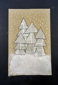 a piece of paper that has some type of snow on it with trees in the background