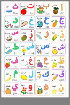 an arabic alphabet poster with pictures of fruits and vegetables