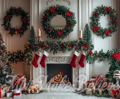 christmas decorations and wreaths in front of a fireplace