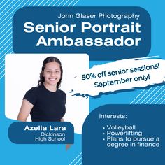 a flyer for a senior portrait session with an image of a woman in black shirt